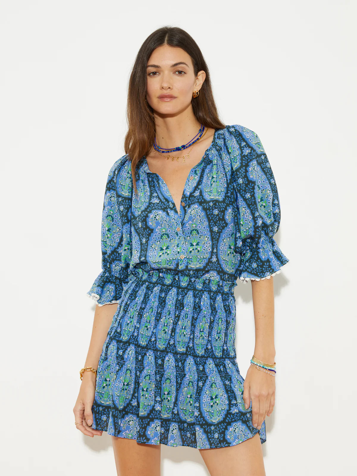 Onda Shirred Mini Skirt - Blues Paisley