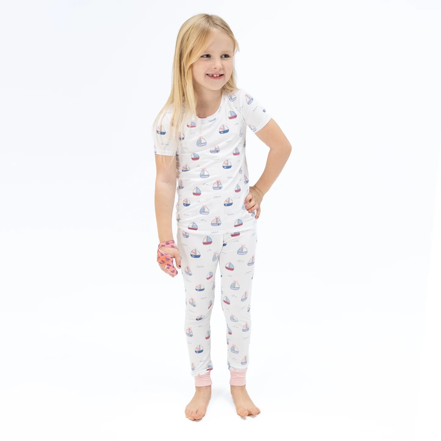 Short Sleeve Loungewear Set - Bubbly Sailboats Pink