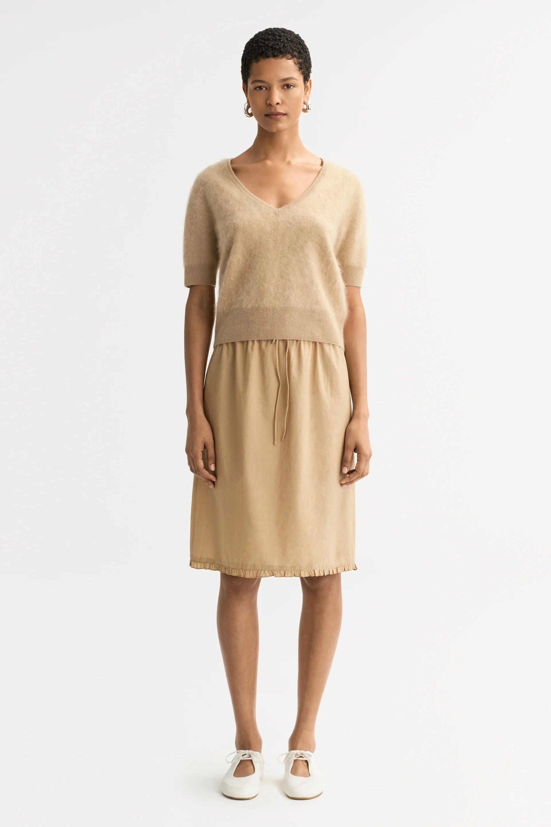 Brushed V-neck T-shirt - Camel