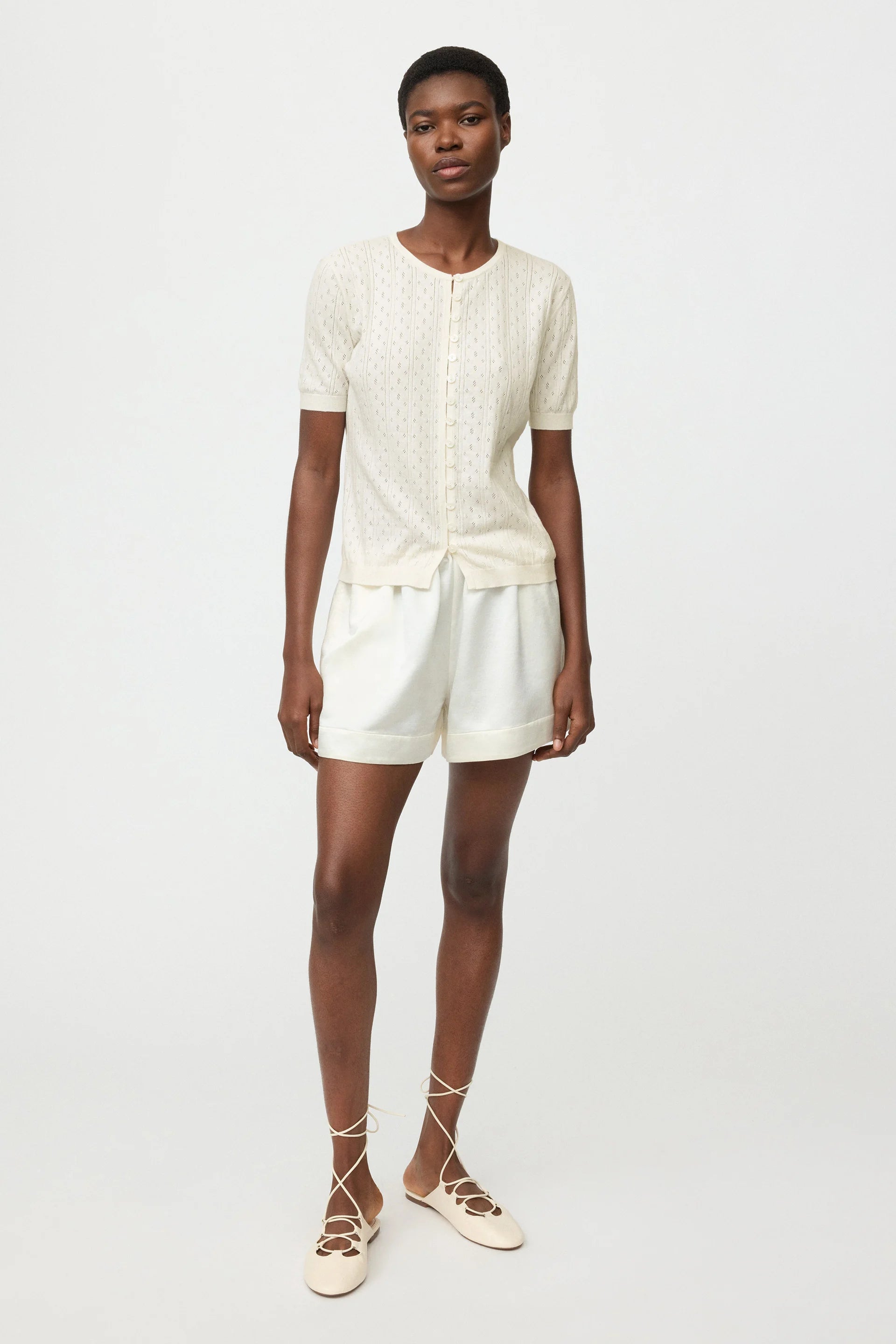 Pointelle Short Sleeve Cardigan - Feather White