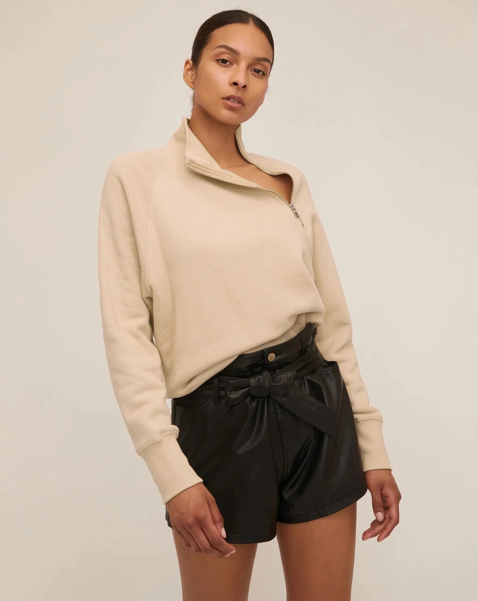 So Uptight French Terry Funnel Neck Zip Sweatshirt - Sand