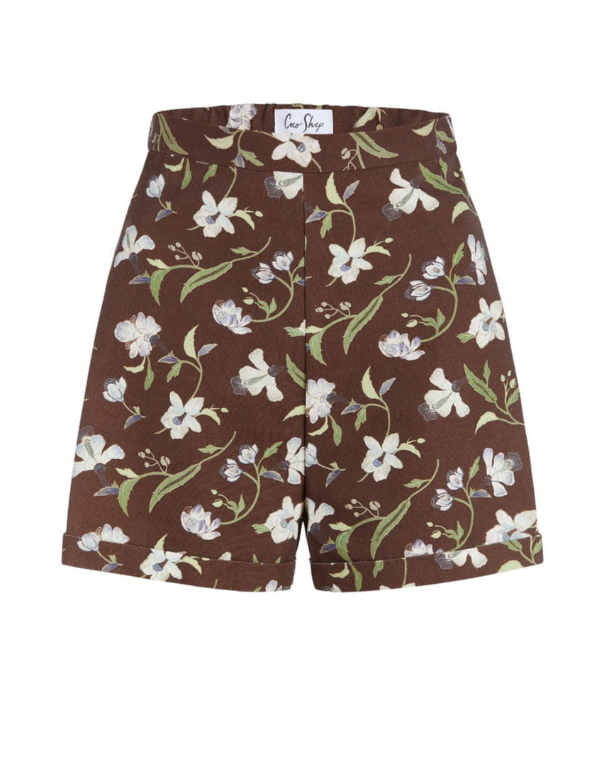 High-Waisted Shorts - Brown Hibiscus