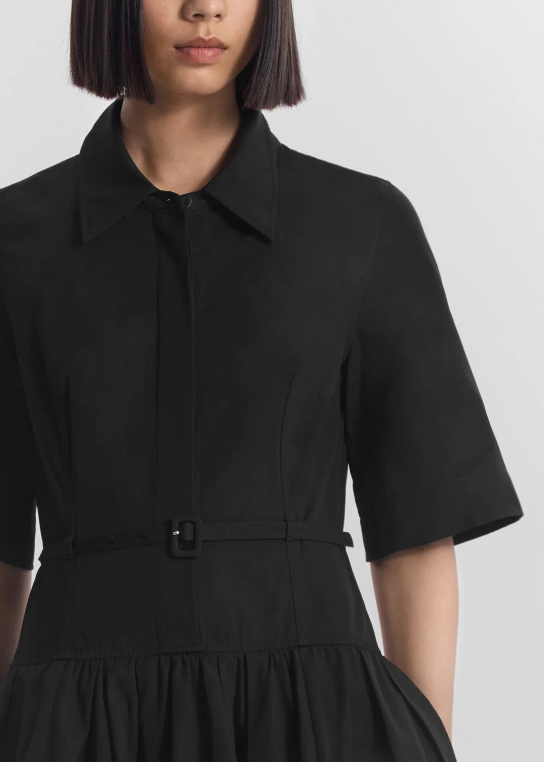 Short Sleeve Belted Dress - Black