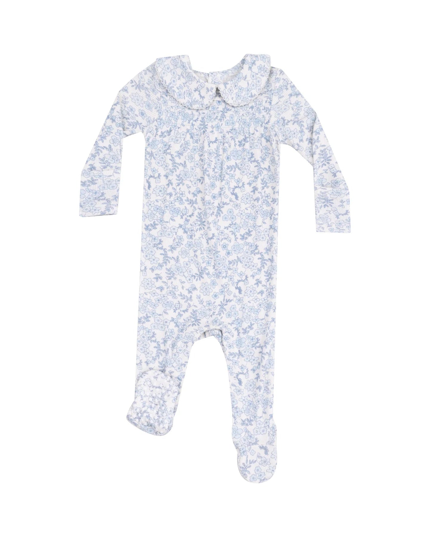 Smocked Peter Pan Footie - Blue Calico Floral