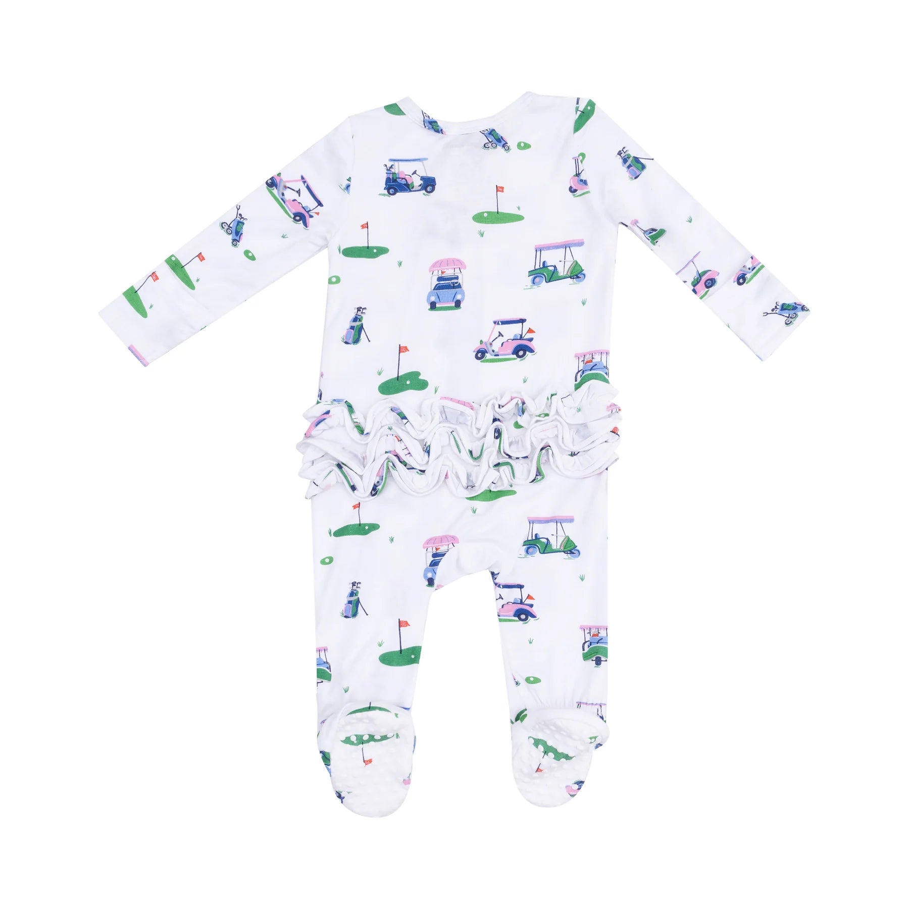 2 Way Zipper Ruffle Back Footie - Vintage Golf Carts Pink