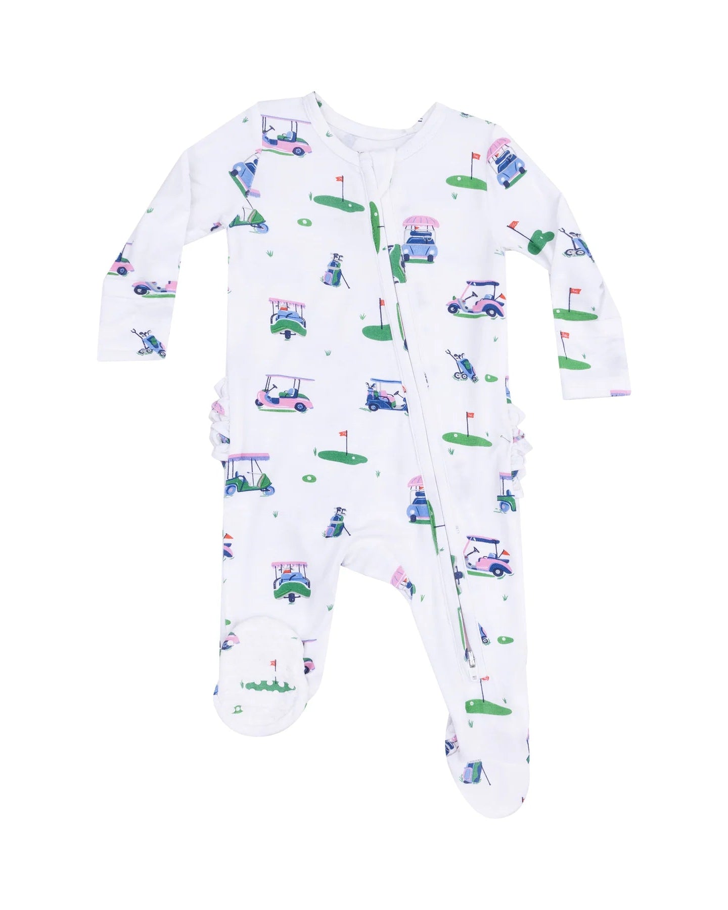 2 Way Zipper Ruffle Back Footie - Vintage Golf Carts Pink
