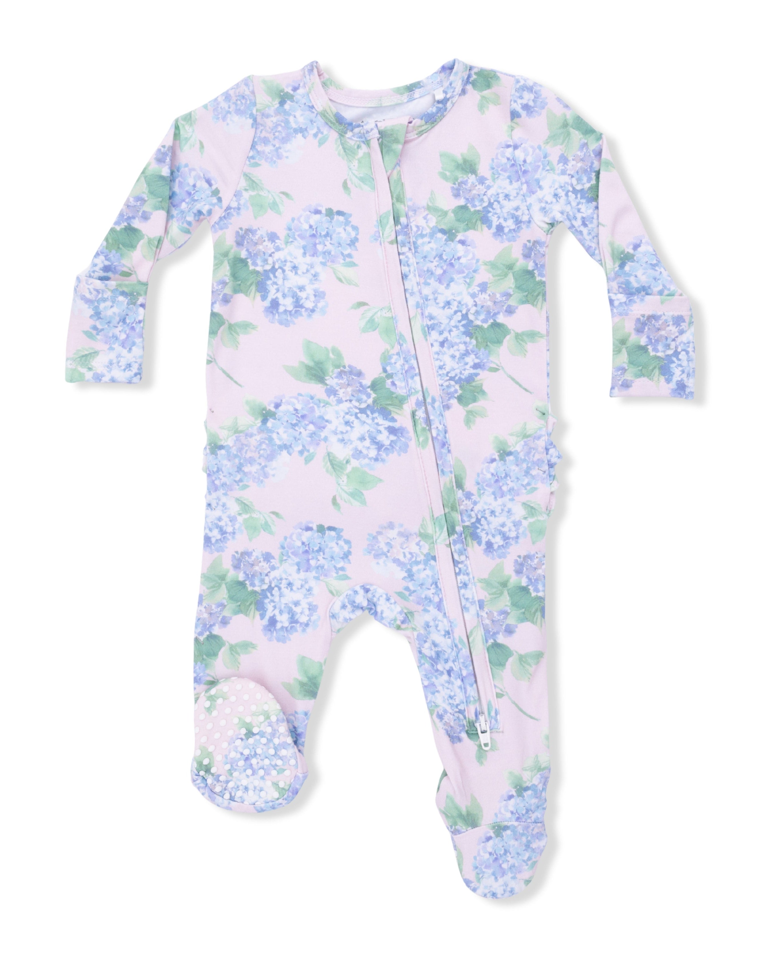 2 Way Ruffle Back Zipper Footie - Hydrangeas