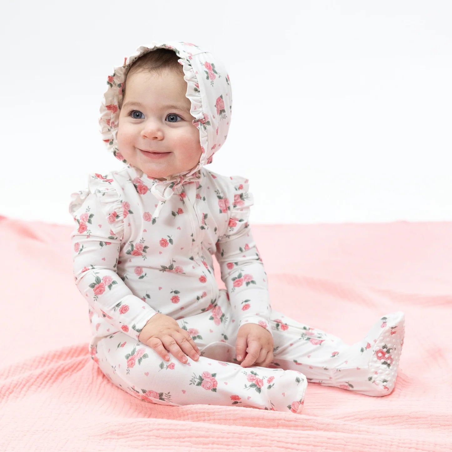 2 Way Ruffle Sleeve Zipper Footie - Pink Rosettes