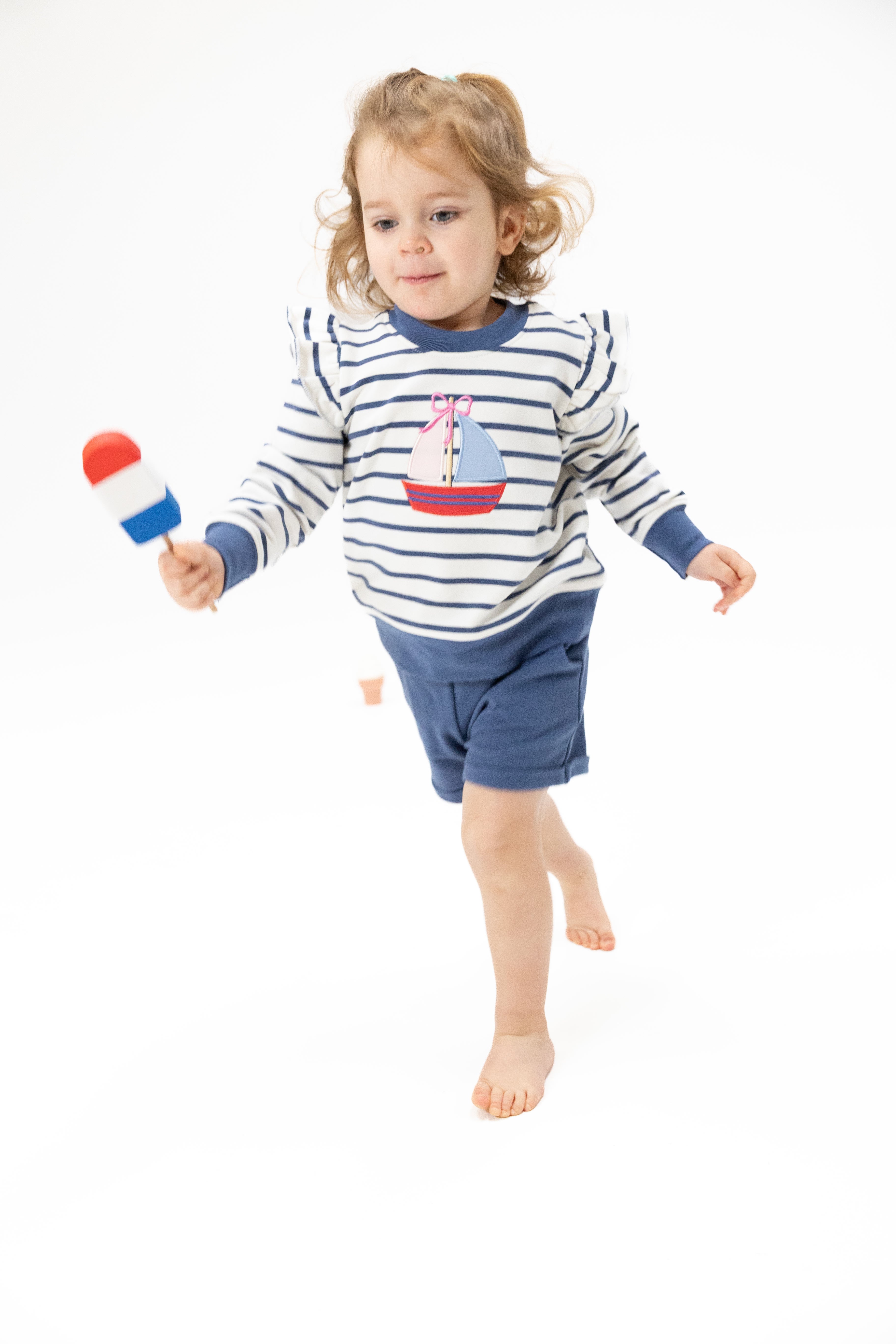 Ruffle Sweatshirt & Paperbag Short - Bubbly Sailboat French Terry