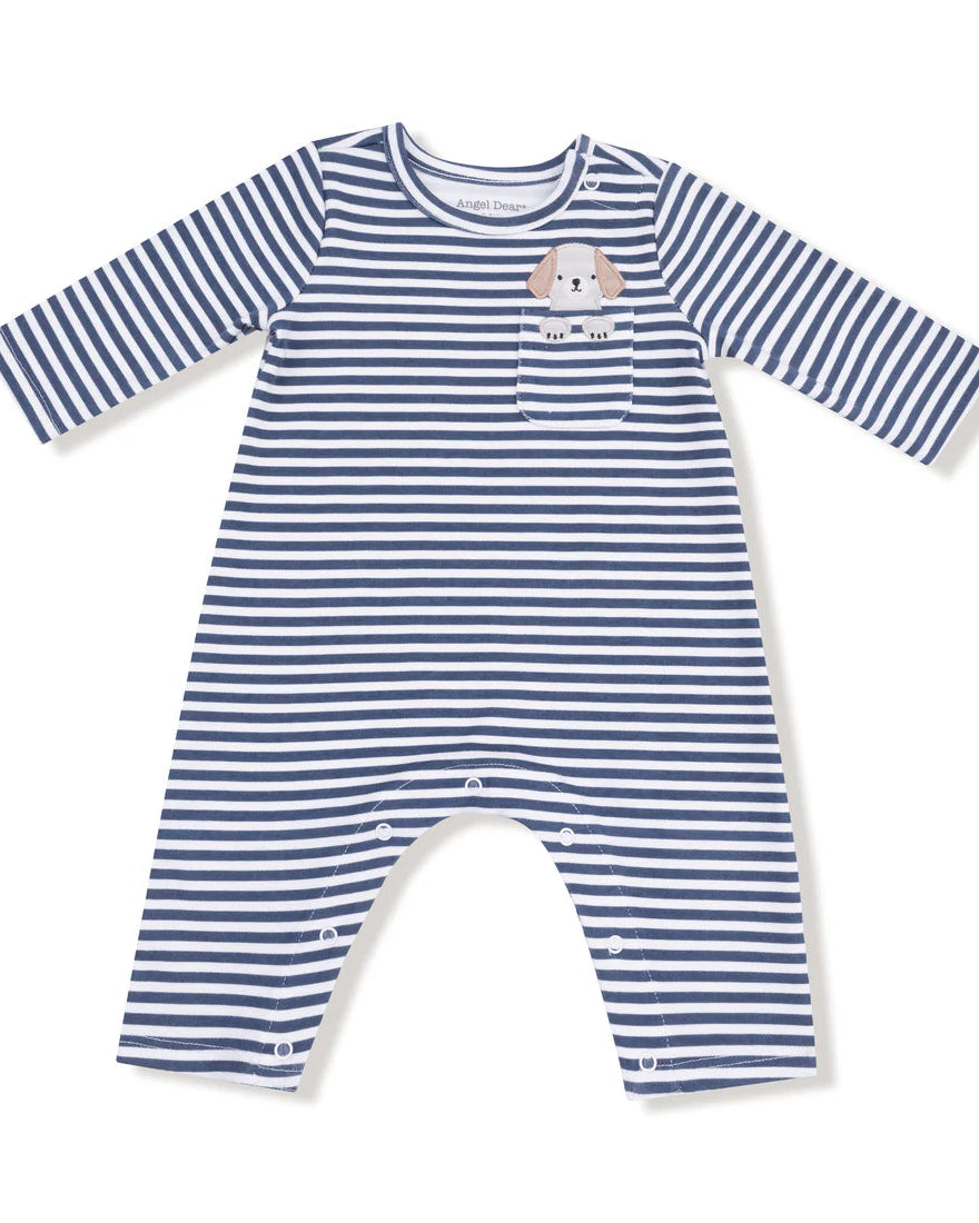 Long Sleeve Snap Shoulder Romper - Stripes With Puppy Detailing