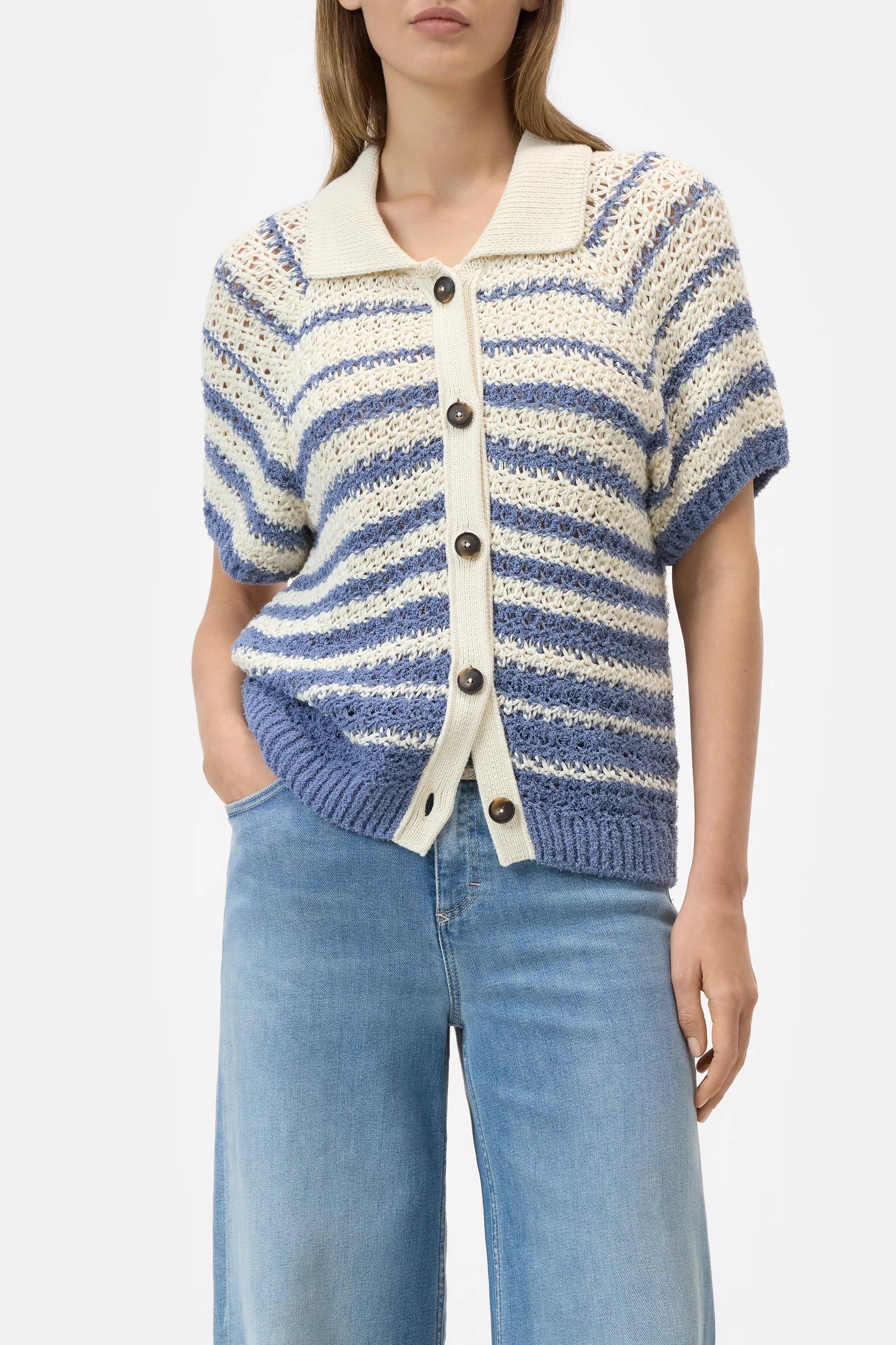 Striped Polo Cardigan - Stone Blue