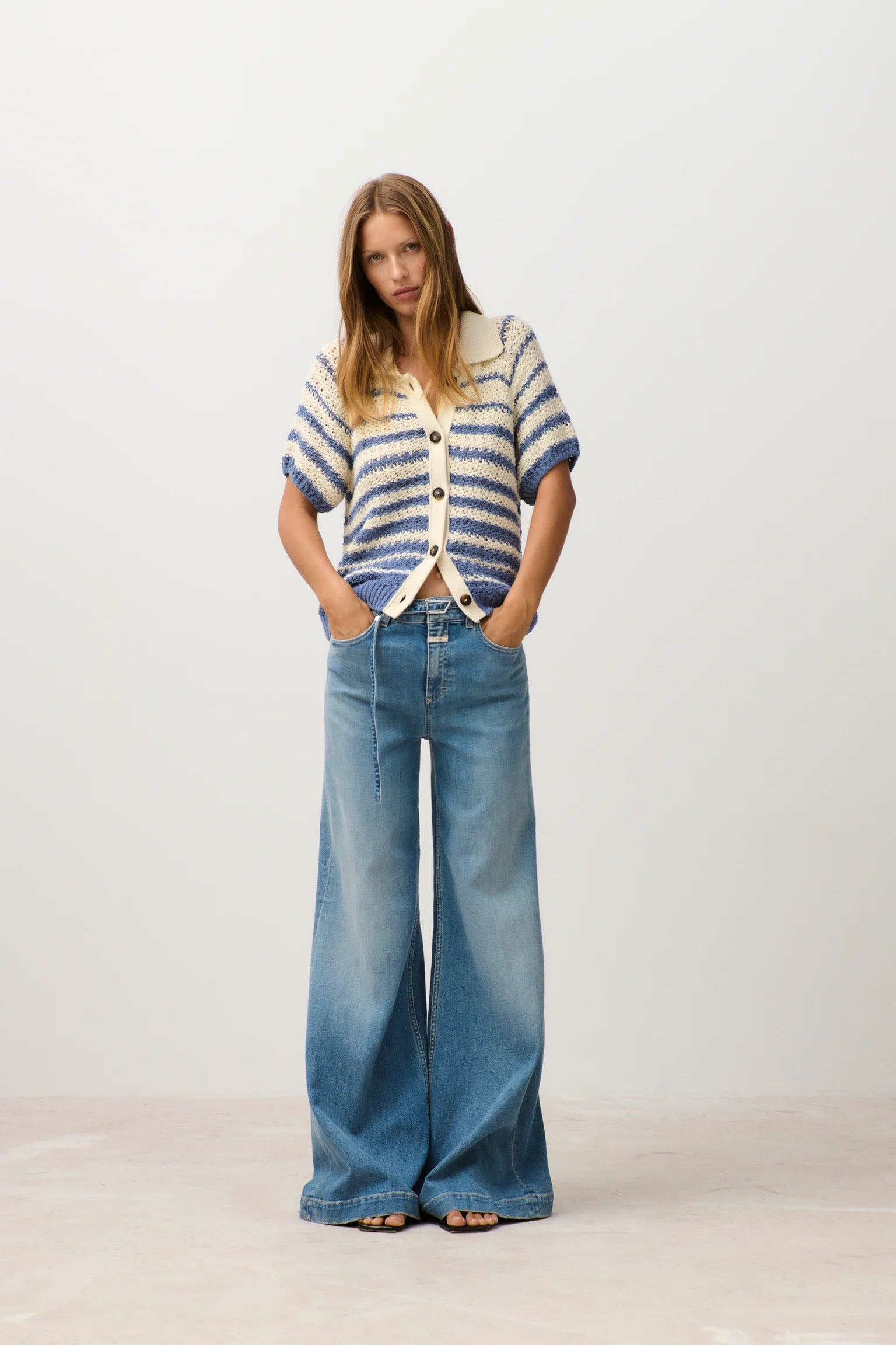 Striped Polo Cardigan - Stone Blue