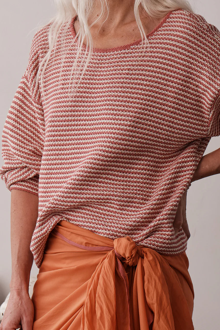 The Knit Stripe Sweater - Rhubarb/Creme