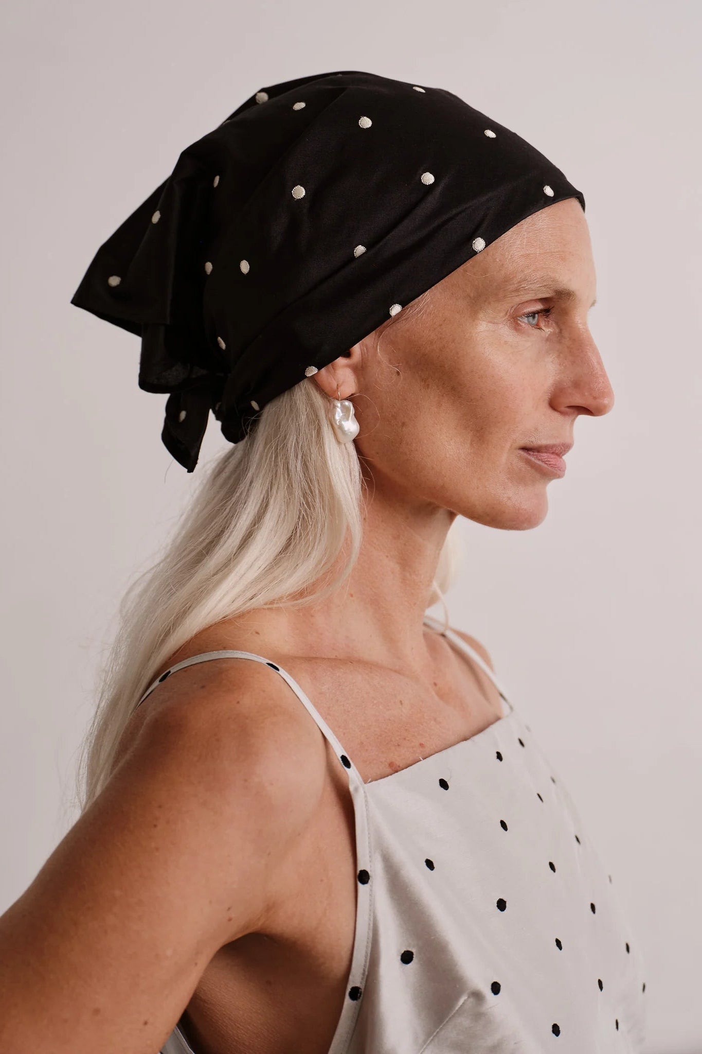 The Taffeta Headscarf - Jet / Cream Polka Dots