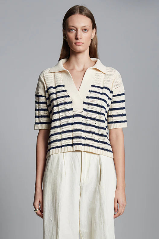 Laria Stripe Polo Sweater - Ivory/Navy