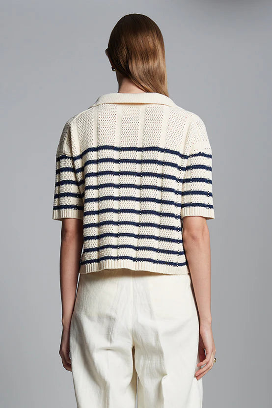 Laria Stripe Polo Sweater - Ivory/Navy