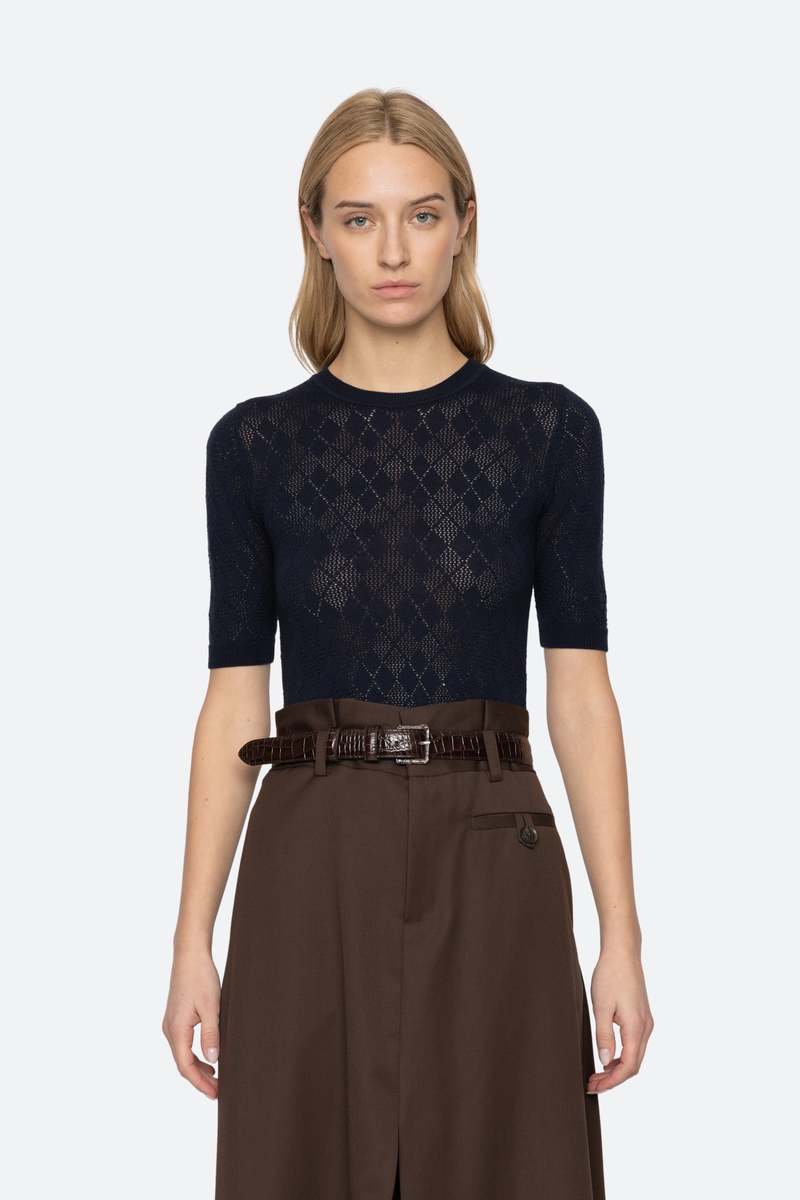 Jane Argyle Short Sleeve Sweater - Navy