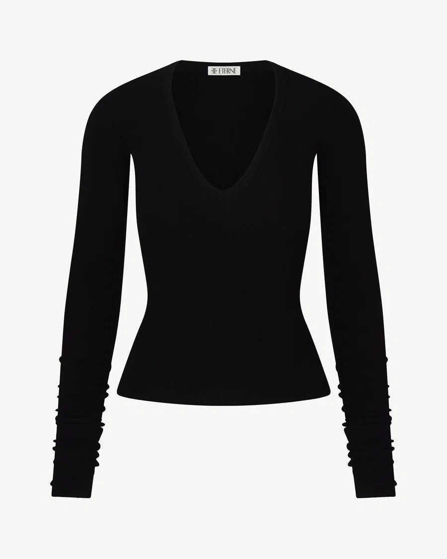 Long Sleeve V-Neck Top - Black