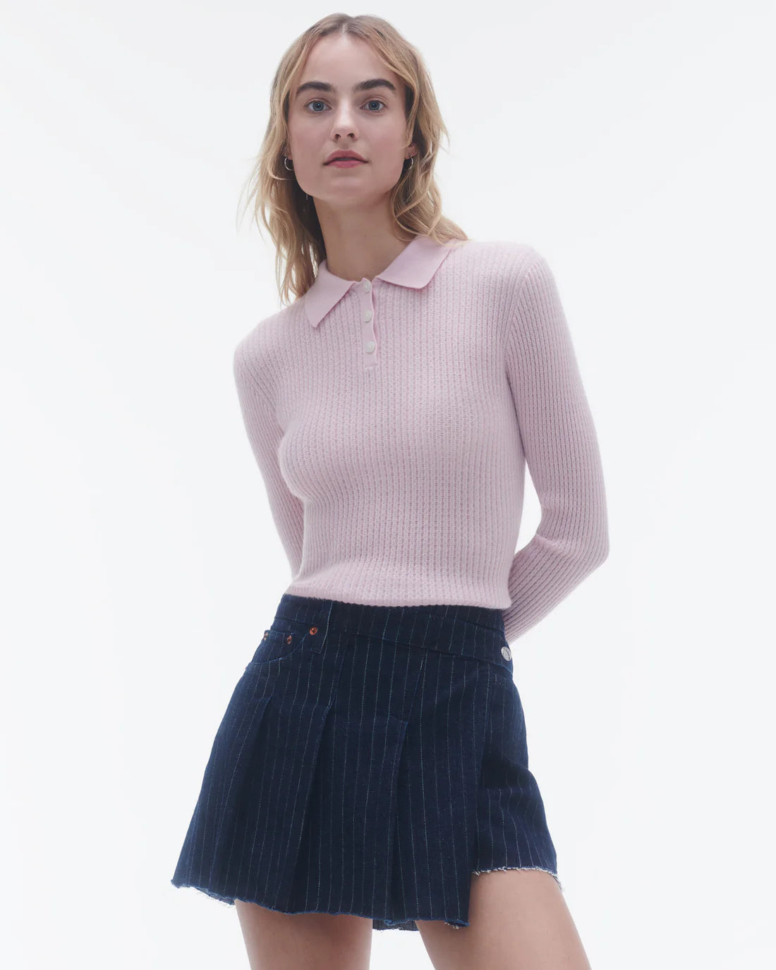 Long-Sleeved Shrunken Polo - Powder Pink
