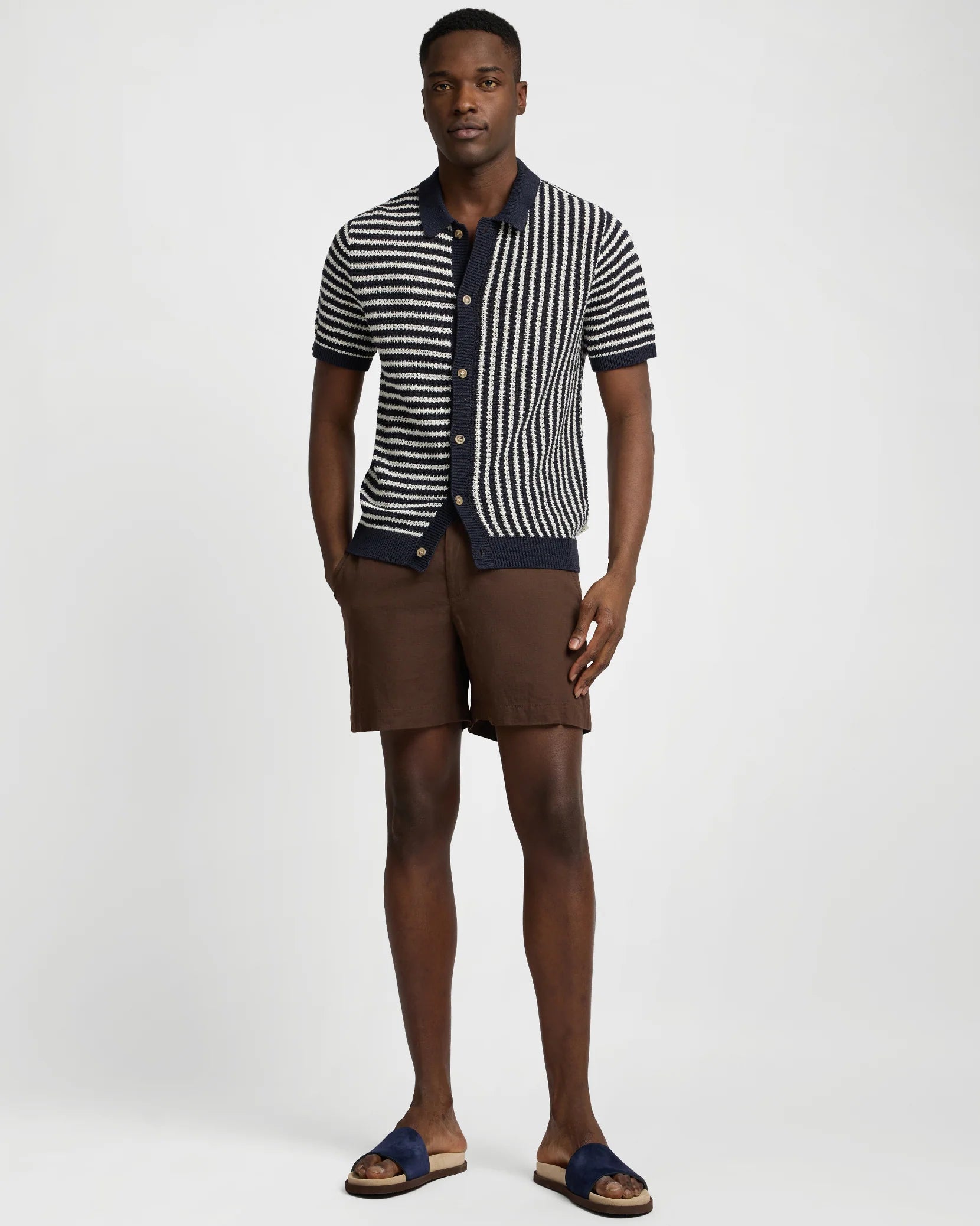 Linen Short Sleeve Button Up Sweater - Midnight/Egret