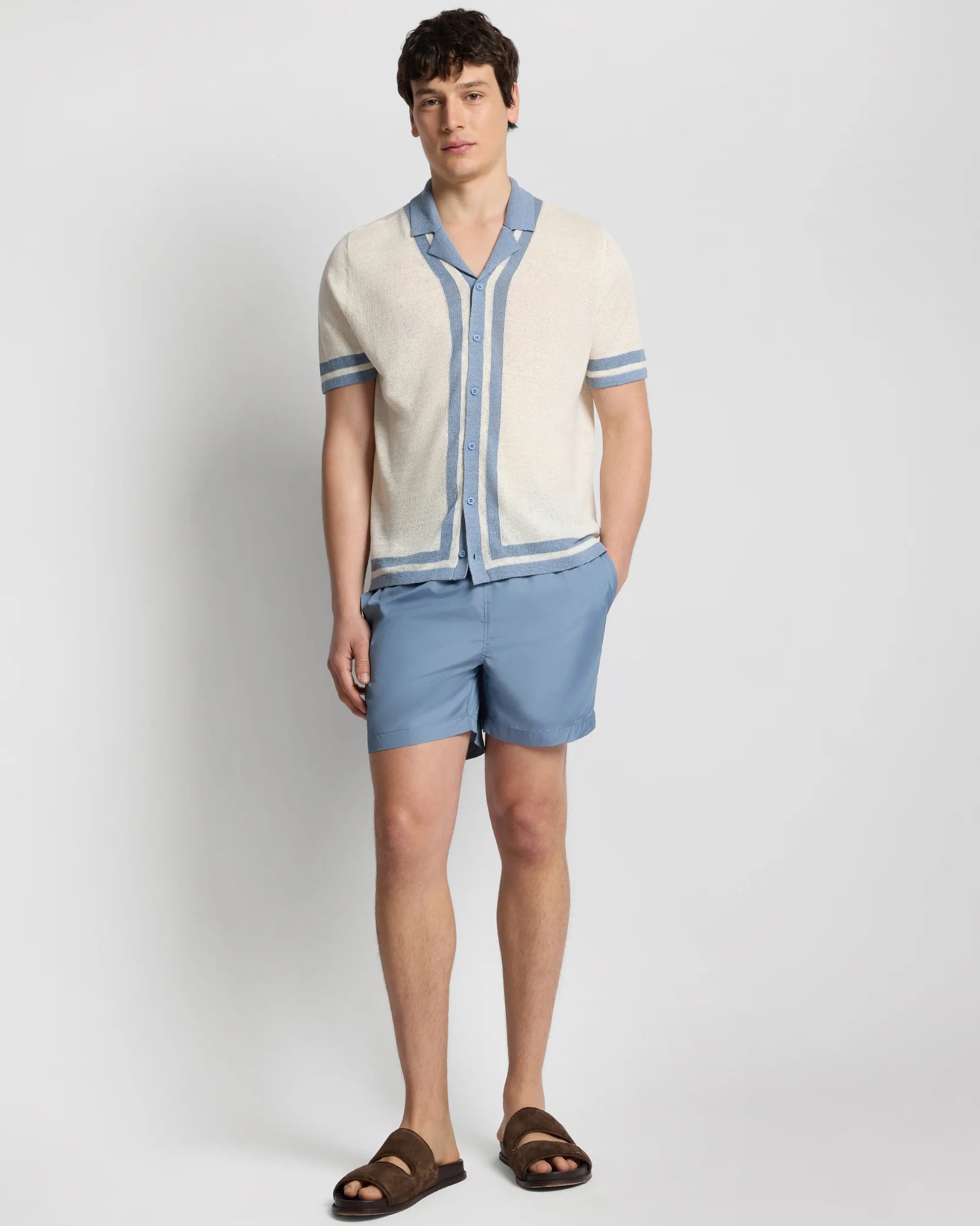 Linen Knit Camp Shirt - Egret/Marine