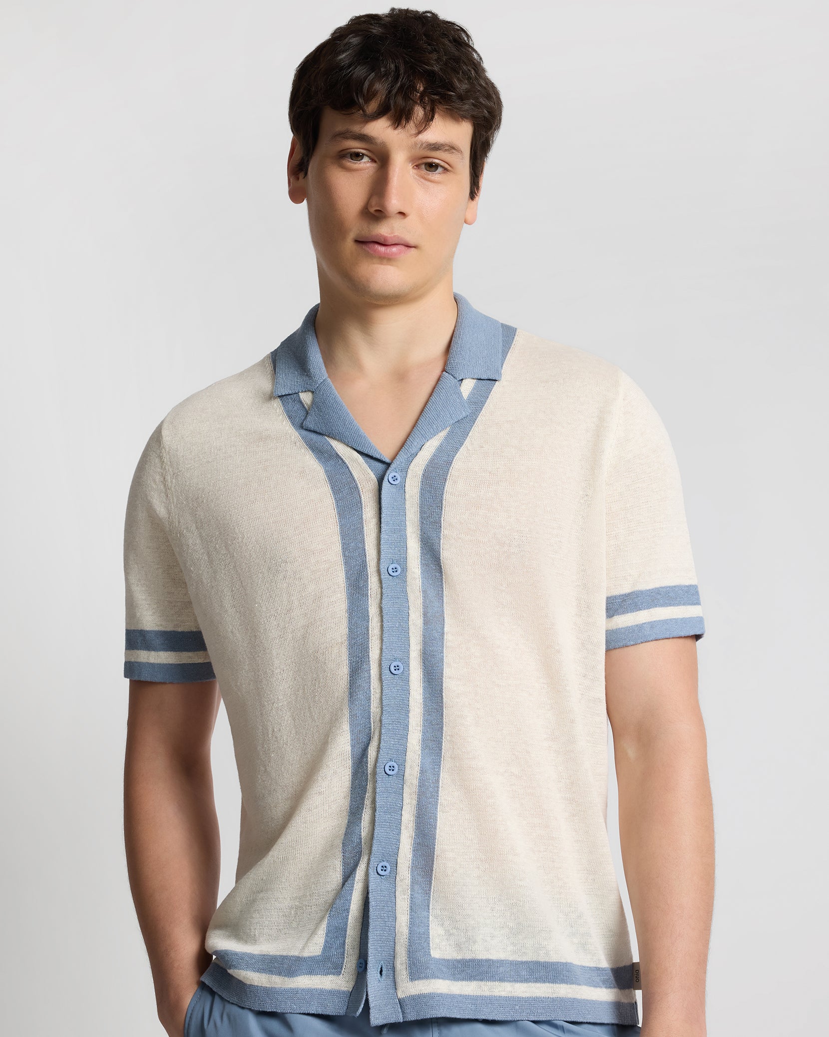 Linen Knit Camp Shirt - Egret/Marine