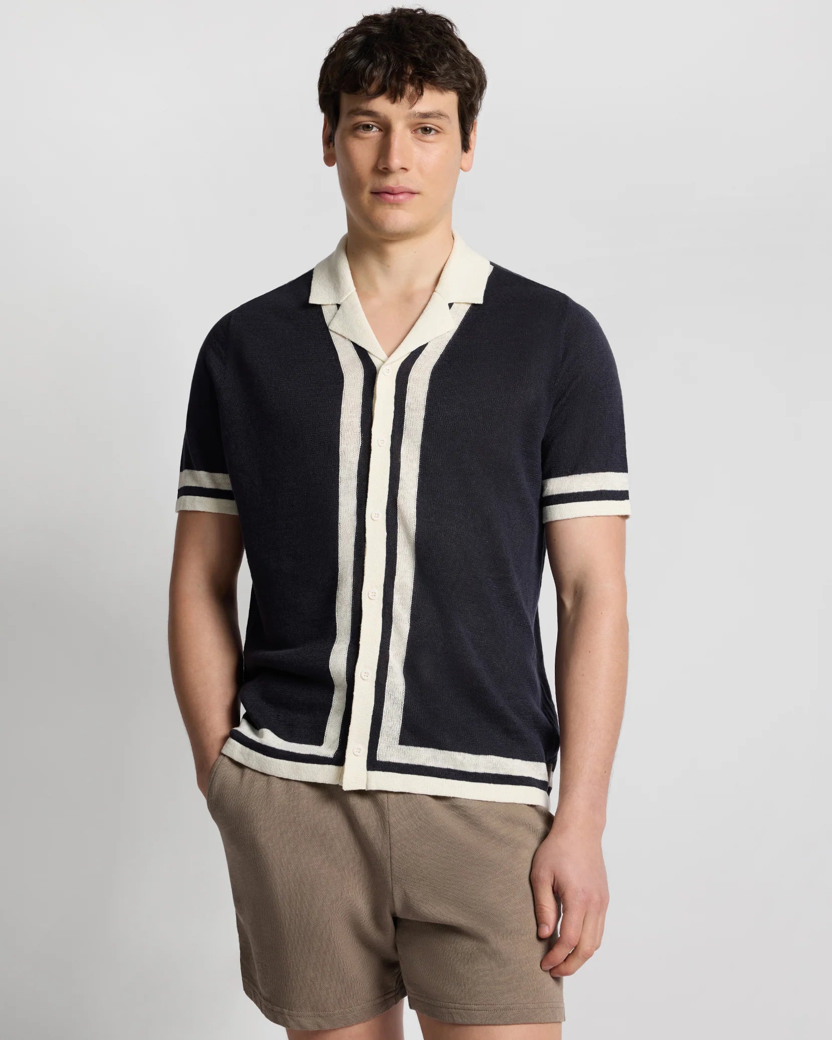Linen Knit Camp Shirt - Midnight/Egret