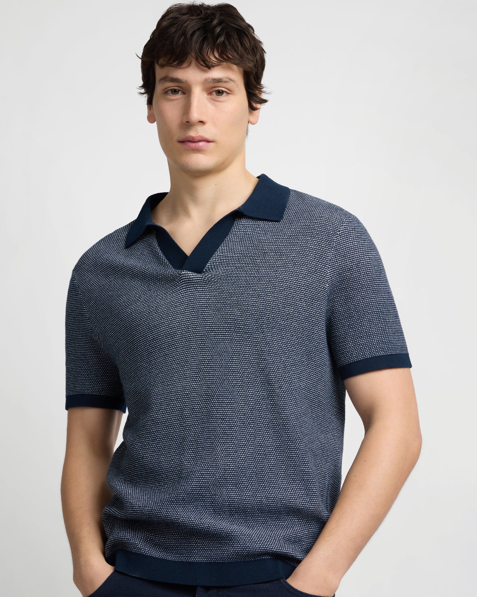 Cotton Textured Johnny Collar Polo - Midnight/White
