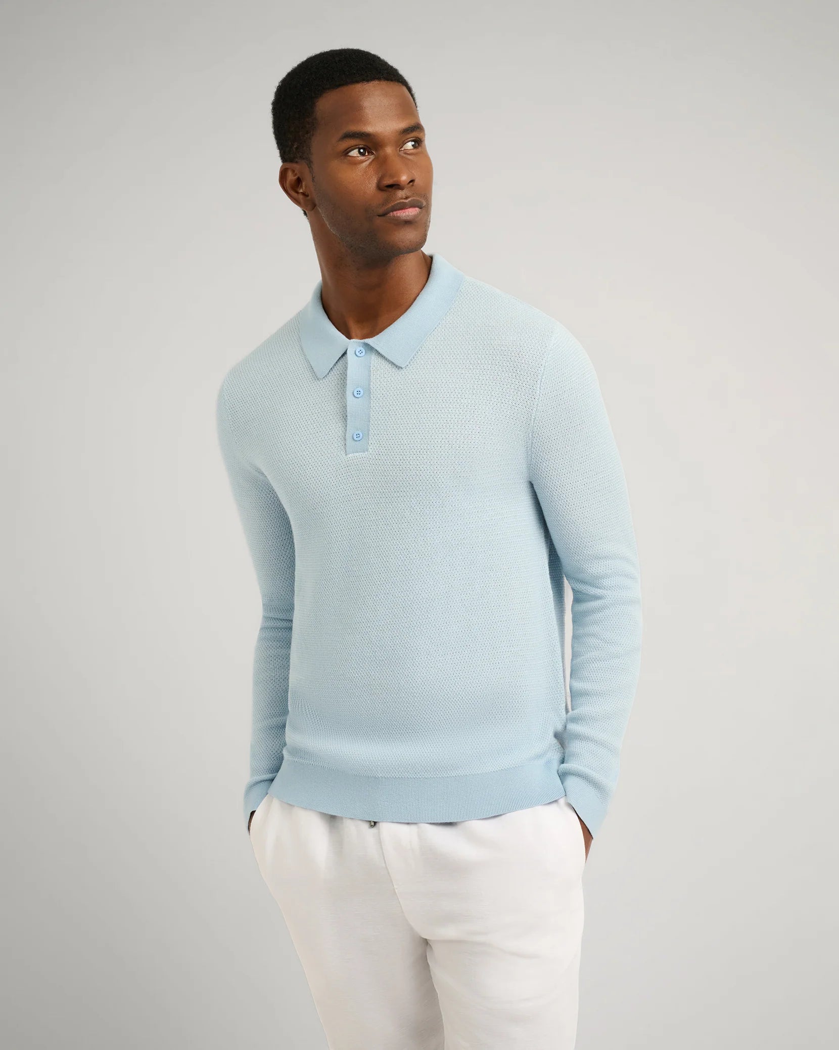Cotton Textured Knit Long Sleeve Polo - Pale Blue
