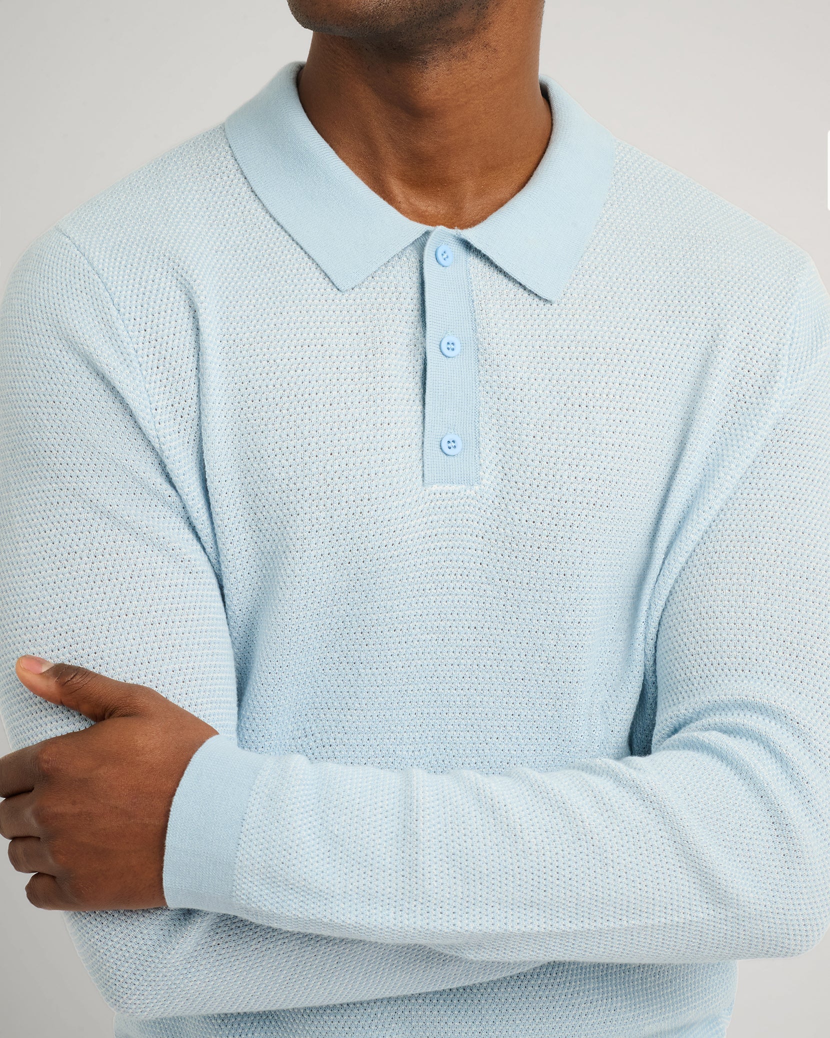 Cotton Textured Knit Long Sleeve Polo - Pale Blue