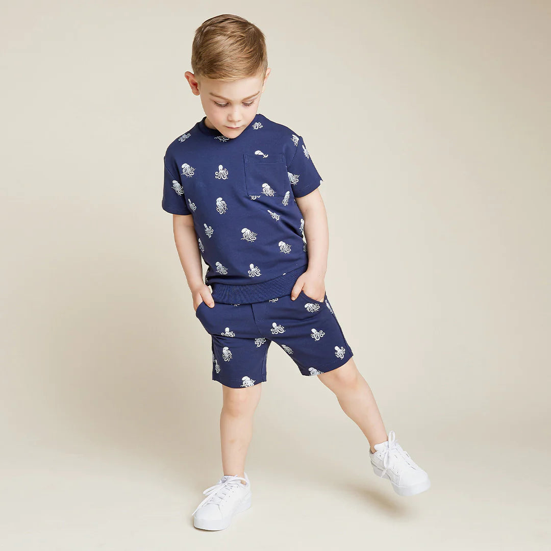 Kraken Print on Navy Short-Sleeve Sweatshirt and Short Set