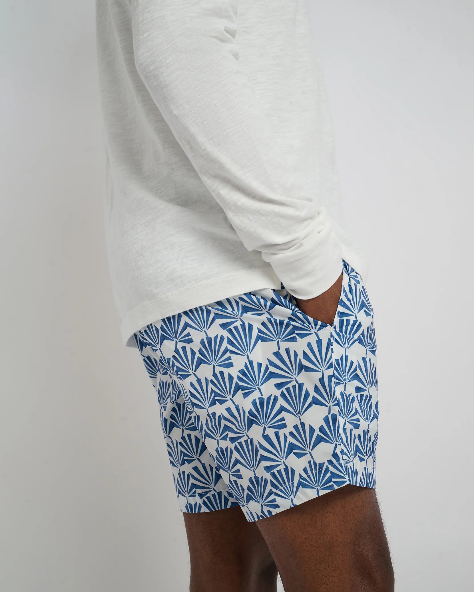 Charles 5" Swim Trunk - Geo Palms in Dark Blue Multi