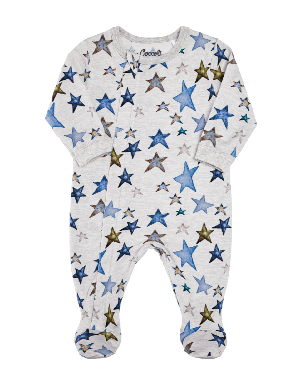 Cotton Modal Zipper Footie - Heather Grey Stars