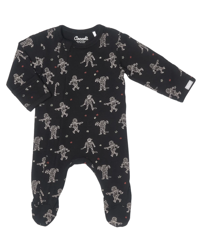 Cotton Modal Zipper Footie - Mummies on Black