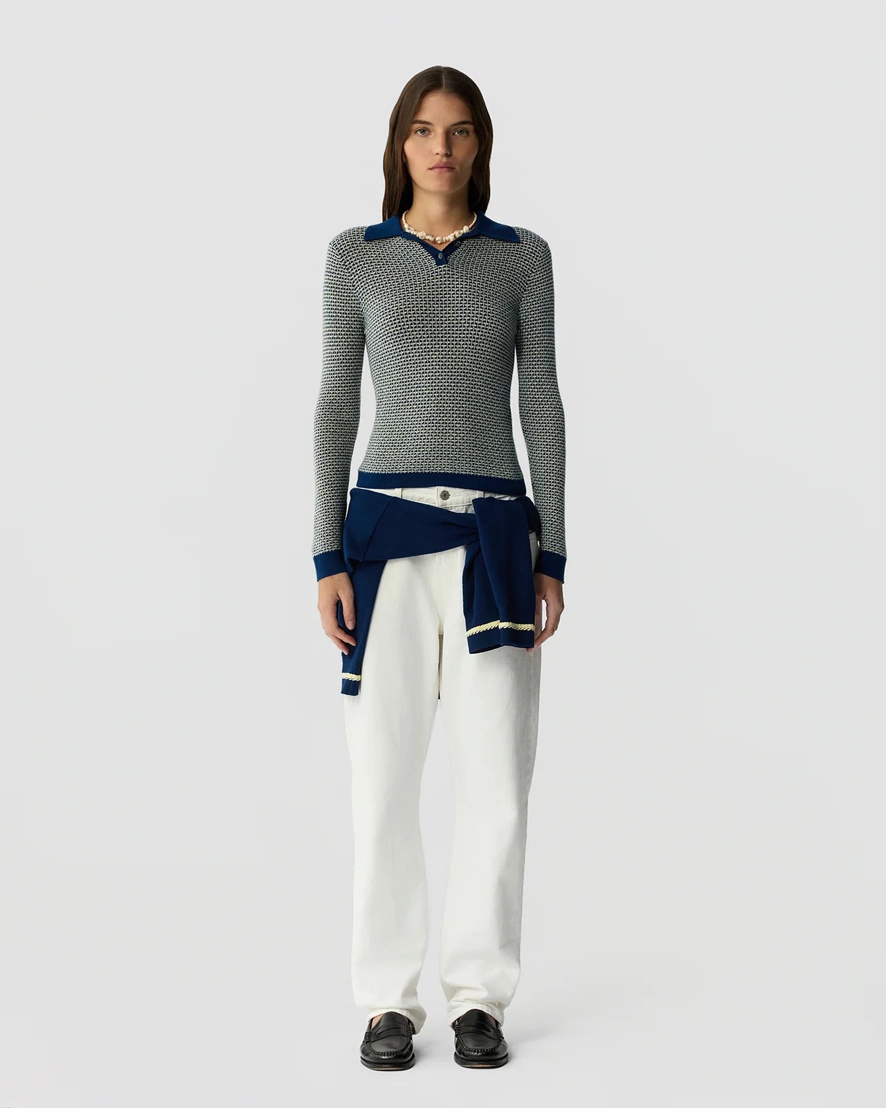 Pique L/S Shrunken Polo - Navy Combo