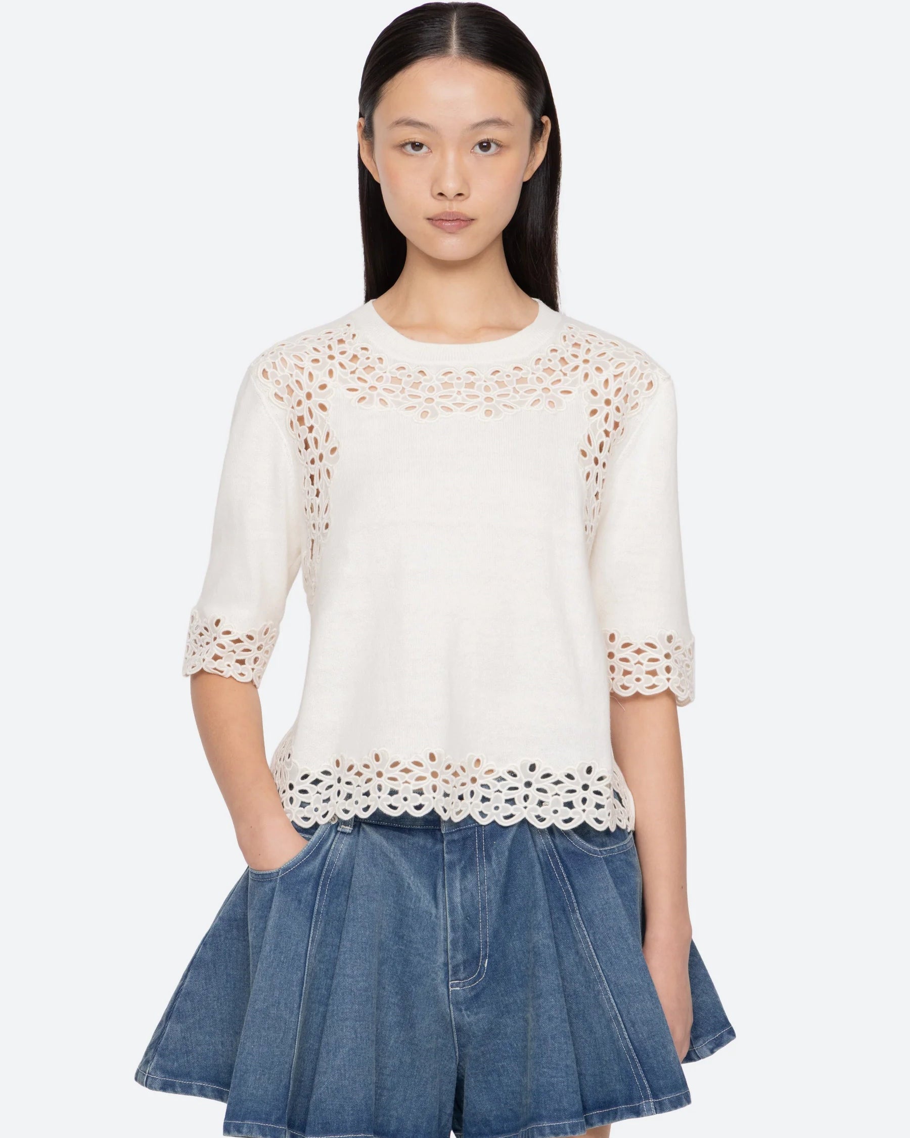Leila Eyelet Sweater - Cream