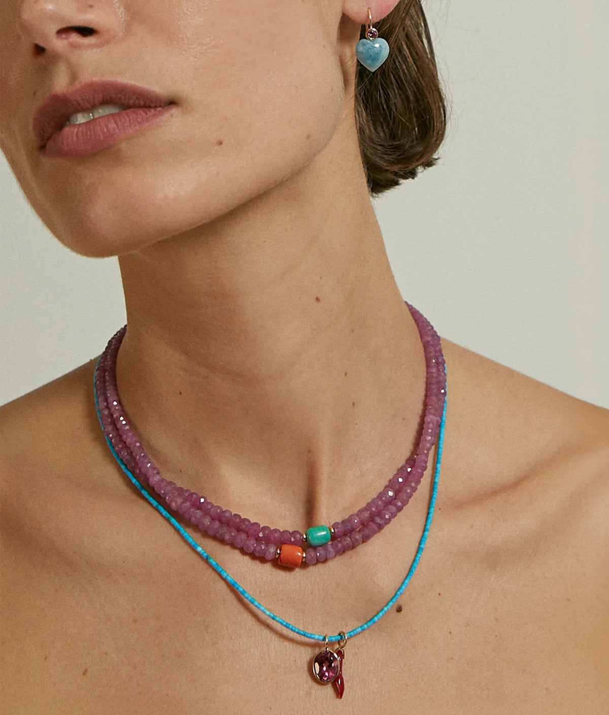 Pink Sapphire, Turquoise & 14k Gold Necklace