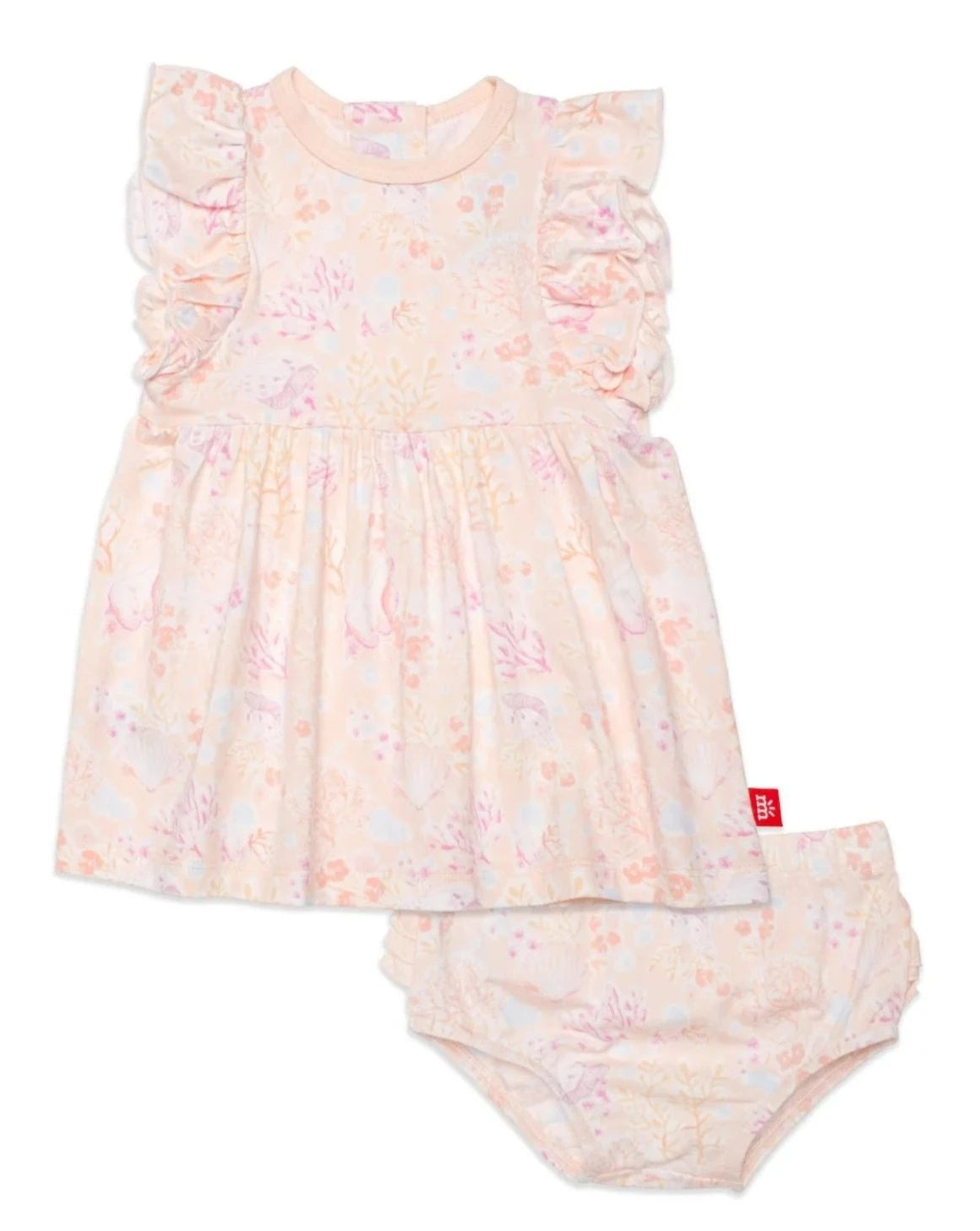 Coral Floral Ruf Sleeve Dress + Diaper Cover