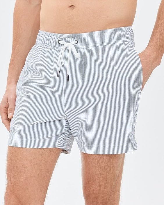 Charles 5" Swim Trunk - Seersucker Micro Stripe in  Deep Navy/White