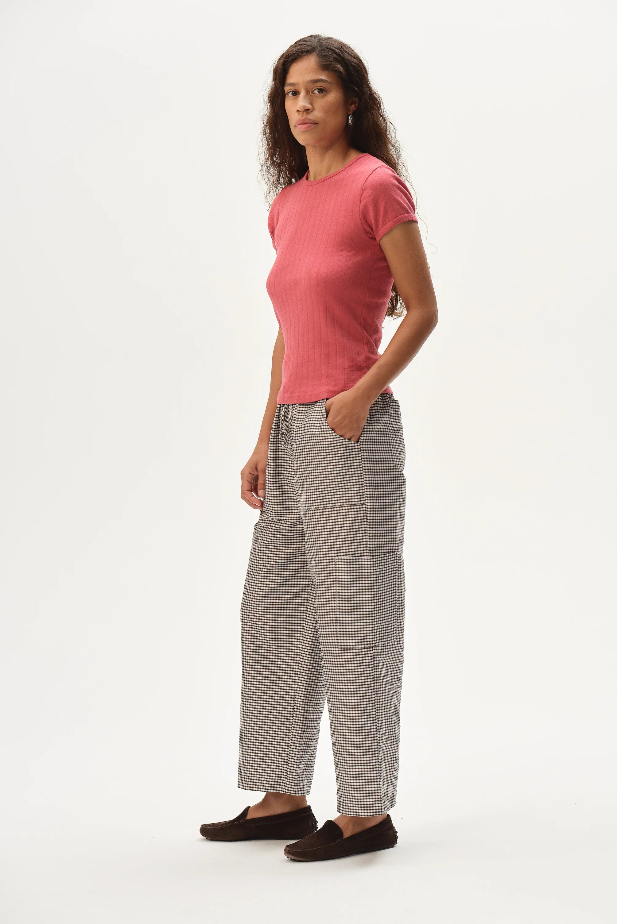 The Taffeta Gingham Drawstring Cargo Pant - Espresso