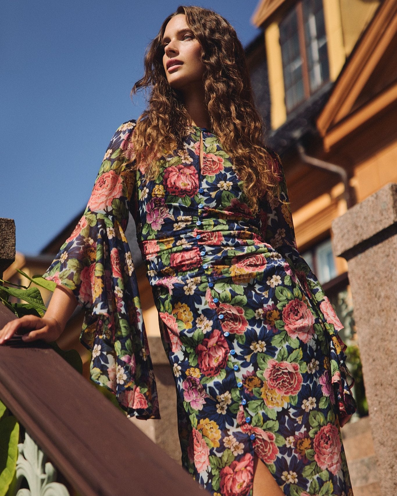 chiffon button down dress Dusha Garden Print Chiffon Shirred Button Down Midi Dress