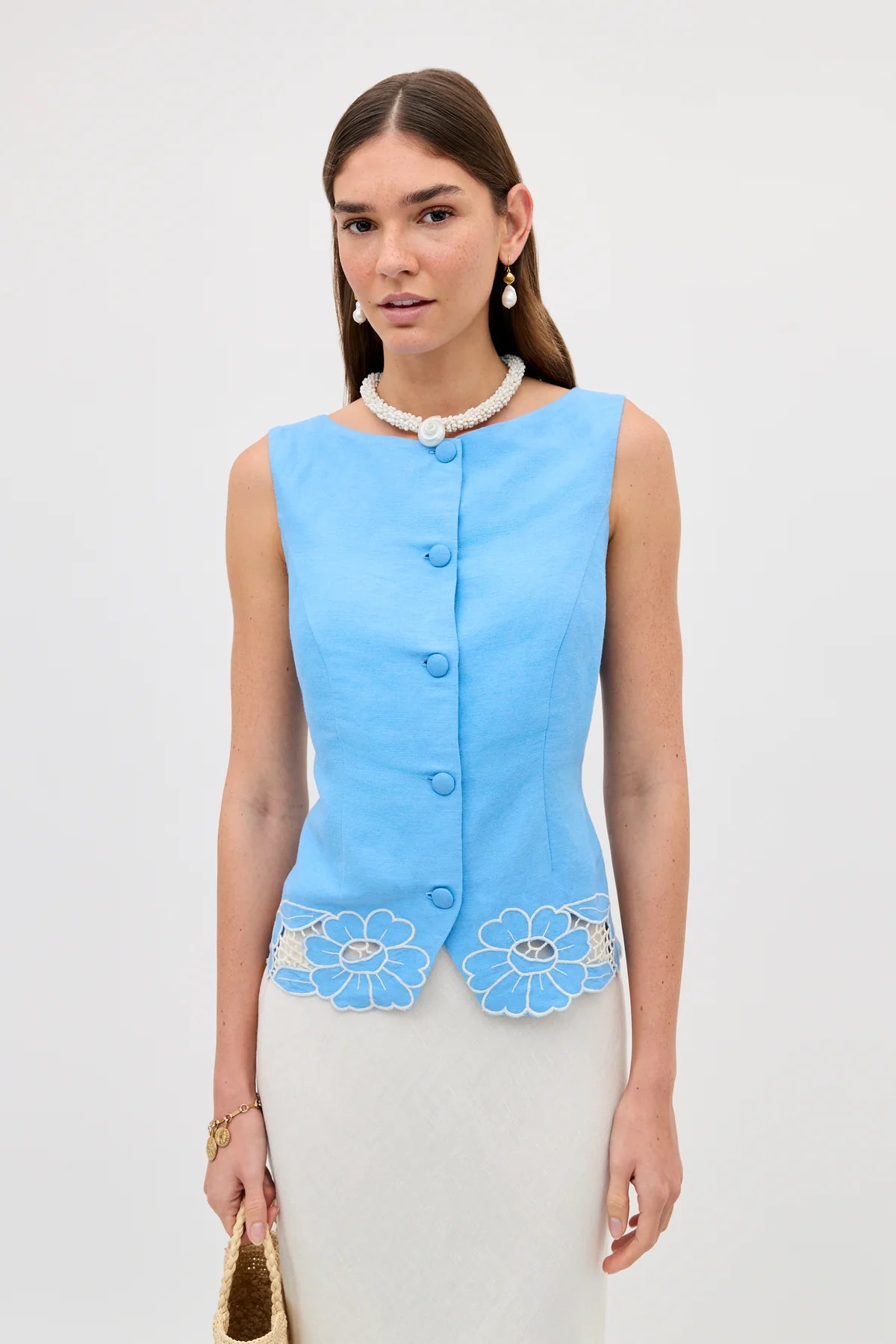 Lucca Top - Daisy Cutwork Embroidery Blue