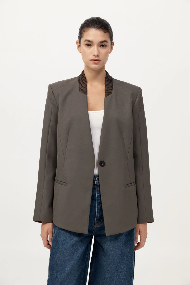Rib Collar Blazer - Khaki