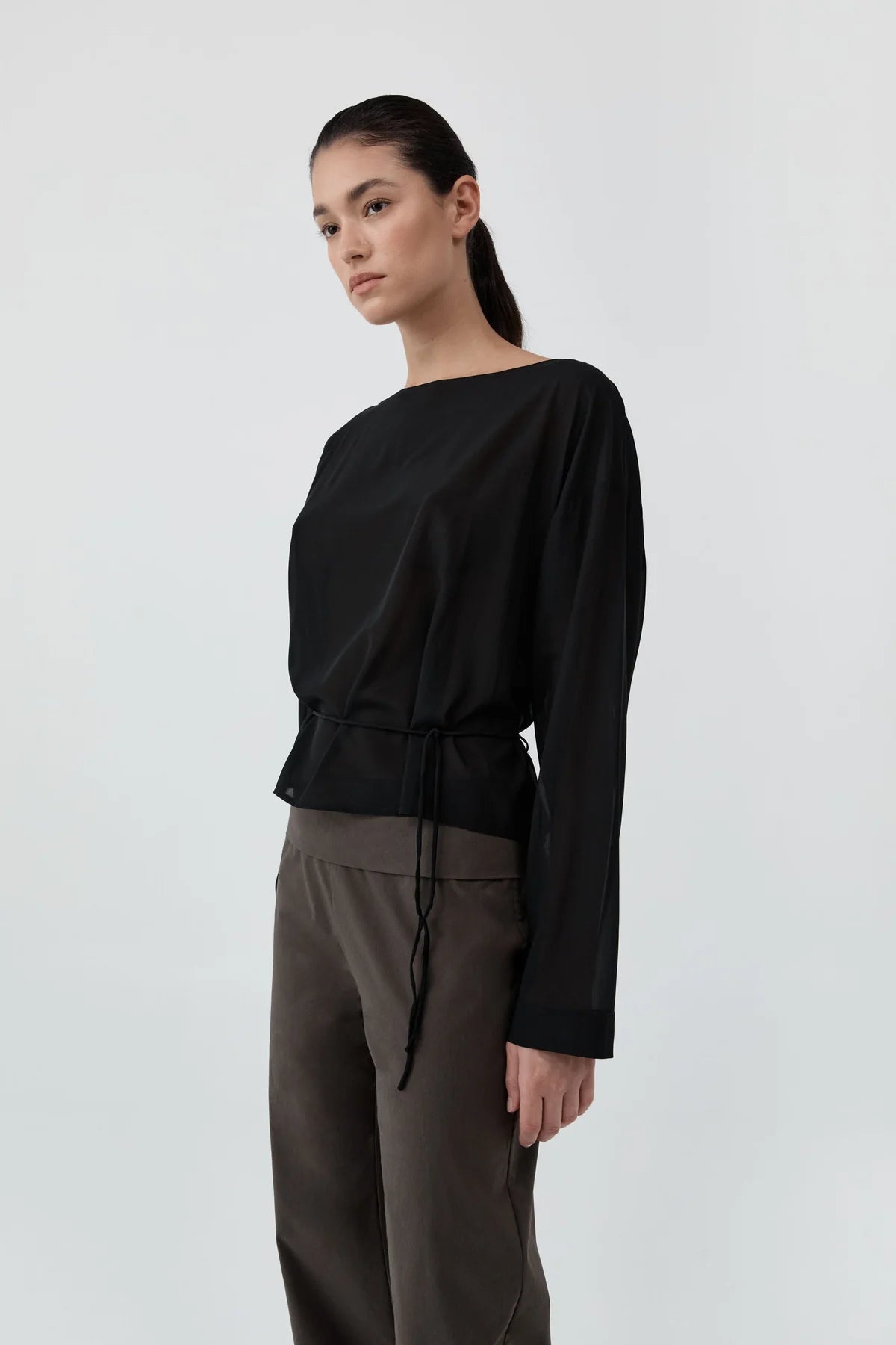 Stretch Silk Bateau Top - Black