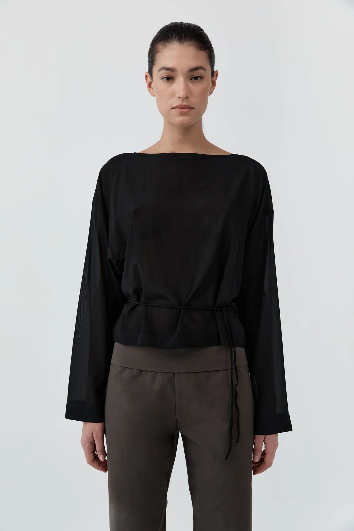 Stretch Silk Bateau Top - Black