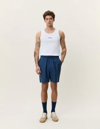 Drawstring Linen Shorts - Dark Denim Blue