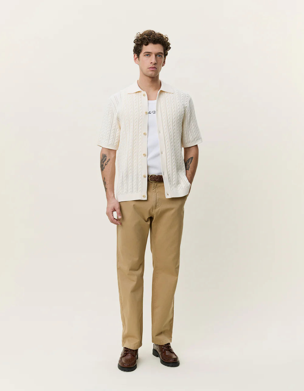 Cable Knitted SS Shirt - Eggnog White