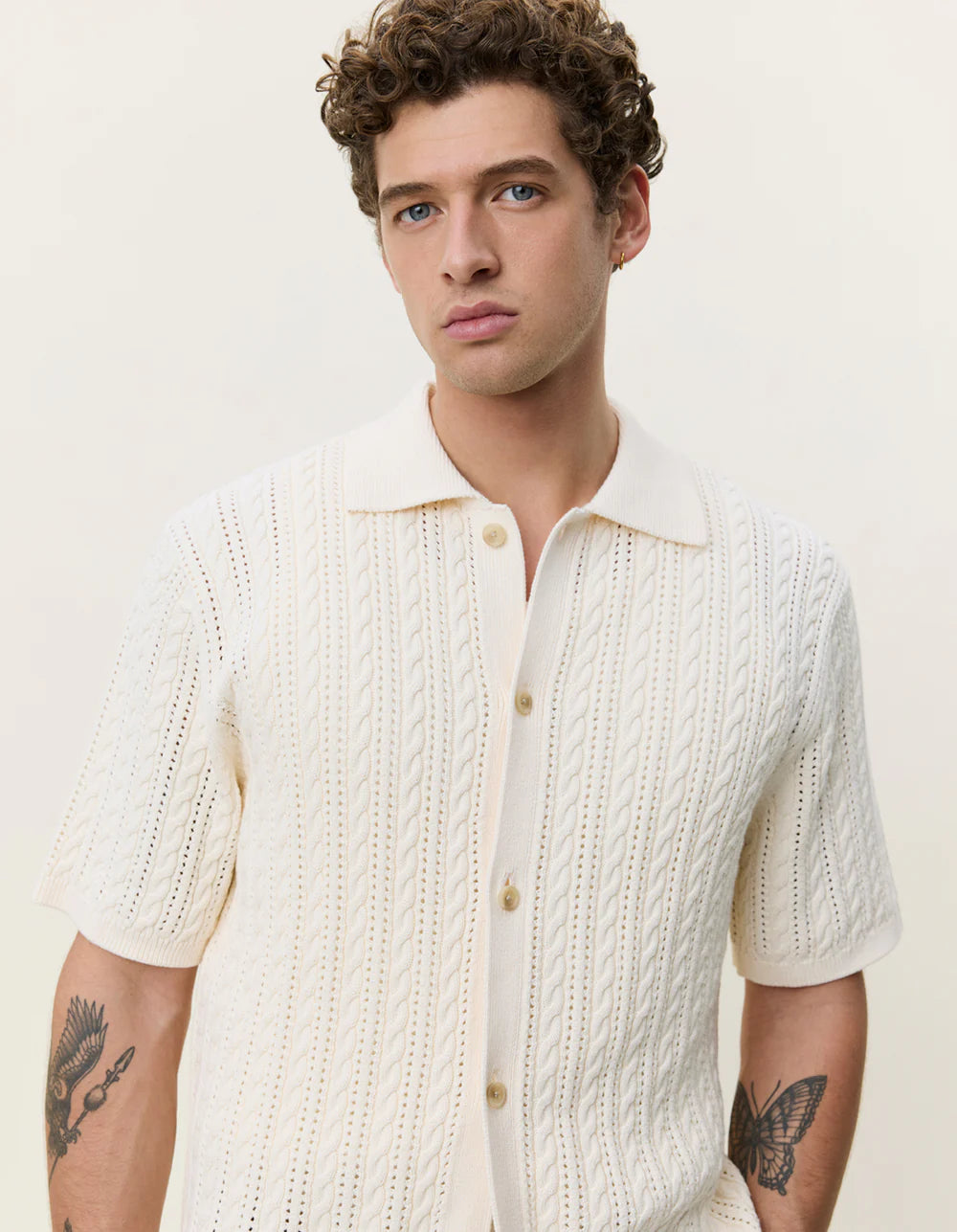 Cable Knitted SS Shirt - Eggnog White