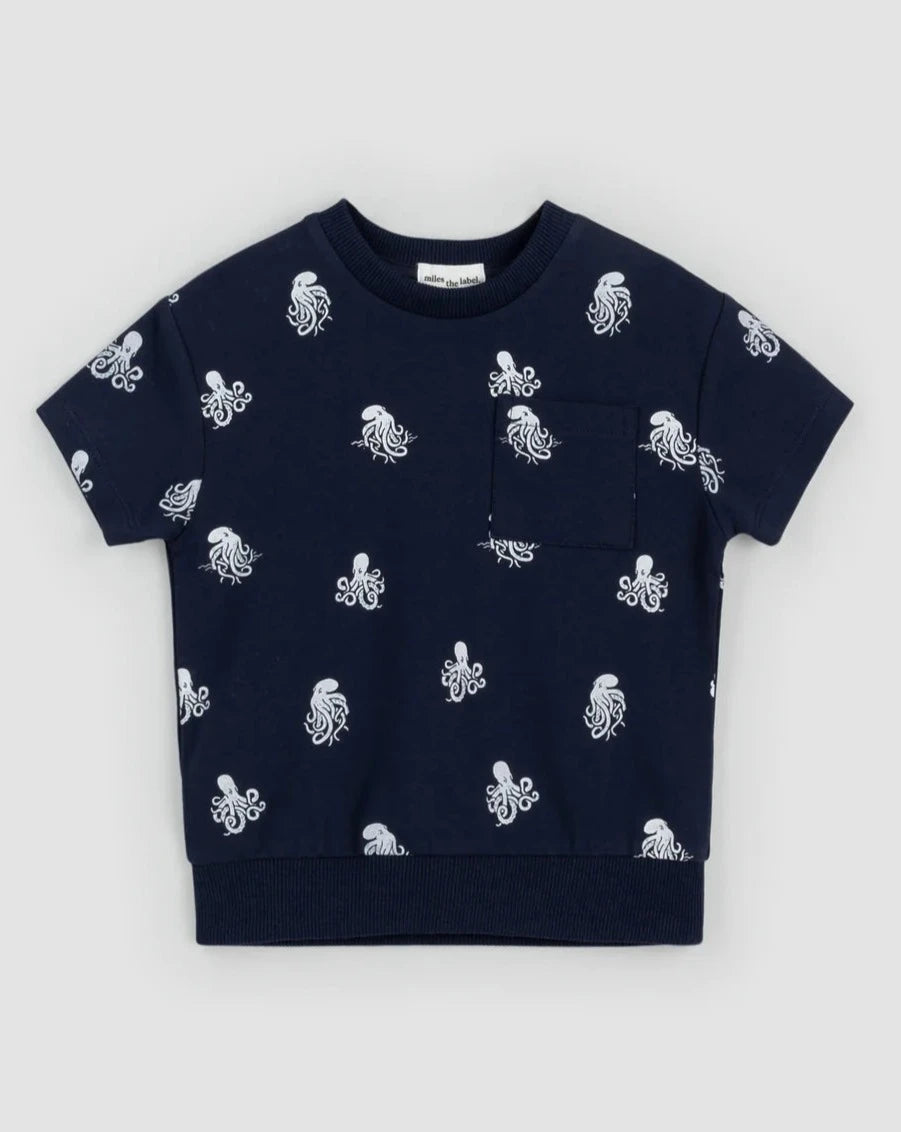 Kraken Print on Navy Short-Sleeve Sweatshirt and Short Set