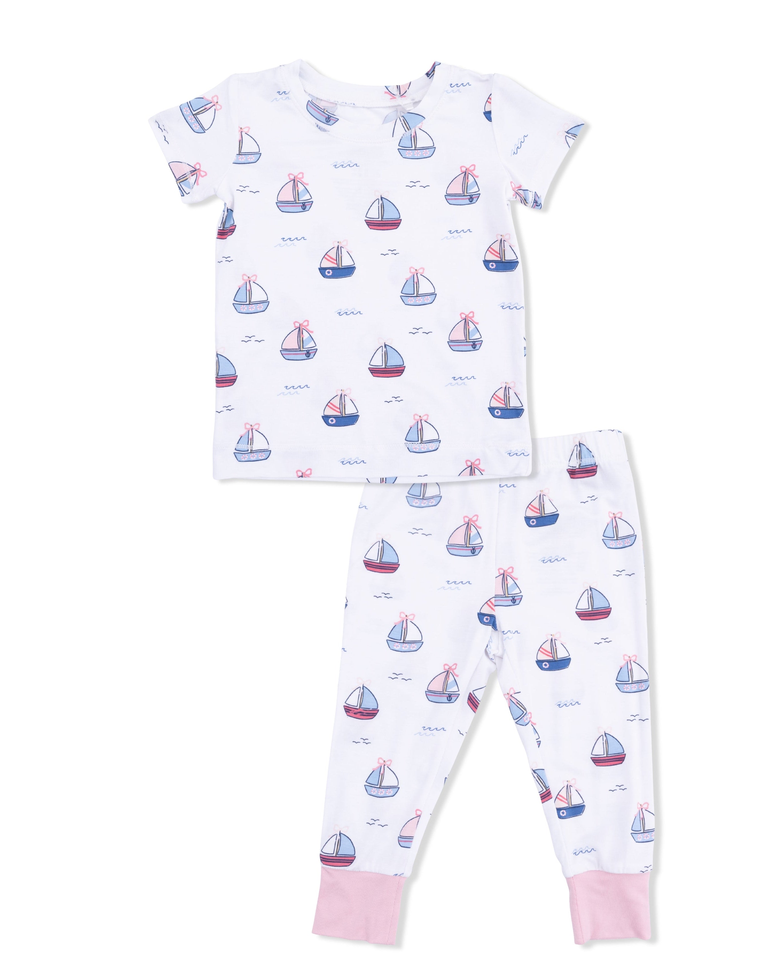 Short Sleeve Loungewear Set - Bubbly Sailboats Pink